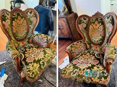 Due immagini che mostrano la trasformazione di una sedia imbottita a Milano dopo un servizio di pulizia professionale Velluto.