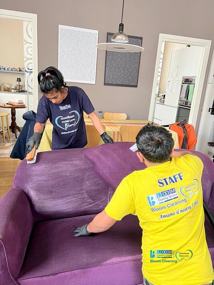 Due persone puliscono un divano viola in un salotto di Pavia.