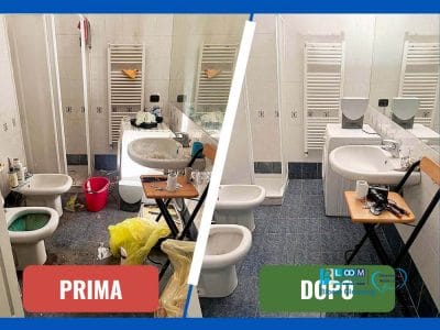 Confronto tra un bagno prima (sinistra) e dopo (destra) la pulizia. L'immagine "Prima" mostra un bagno disordinato e sporco, mentre l'immagine "Dopo" mostra l'impressionante trasformazione in uno spazio pulito e organizzato. Questo notevole cambiamento grazie a Bloom Cleaning impresa di pulizie.