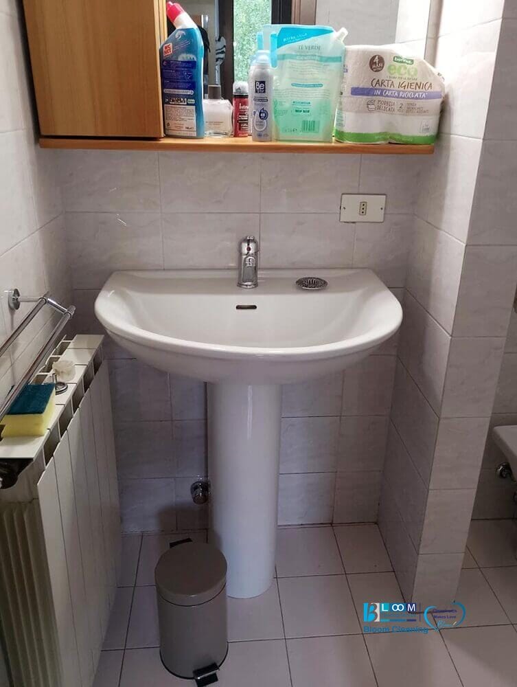 Un piccolo bagno con un lavandino bianco a piedistallo, una mensola sopra con i prodotti per la pulizia del bagno, un termosifone sulla sinistra e un cestino della spazzatura sul pavimento. Lo spazio ricorda i design efficienti che si trovano a San Donato Milanese.