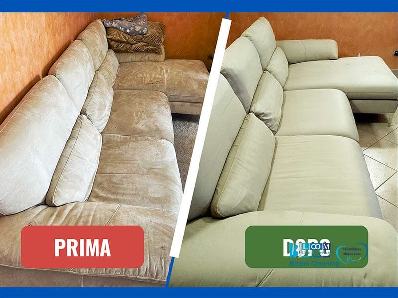 Scopri la trasformazione in questo confronto affiancato di un divano prima e dopo la pulizia professionale. A sinistra, il divano mostra macchie evidenti, mentre a destra, i servizi di Pulizia Divani lo hanno lasciato pulito e rinfrescato, dimostrando l'eccellenza del servizio di lavaggio divani a Monza.