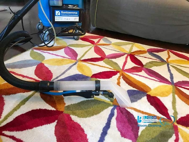 Un tappeto multicolore con un vivace motivo a foglie è sottoposto a pulizia professionale utilizzando il metodo di iniezione-estrazione.