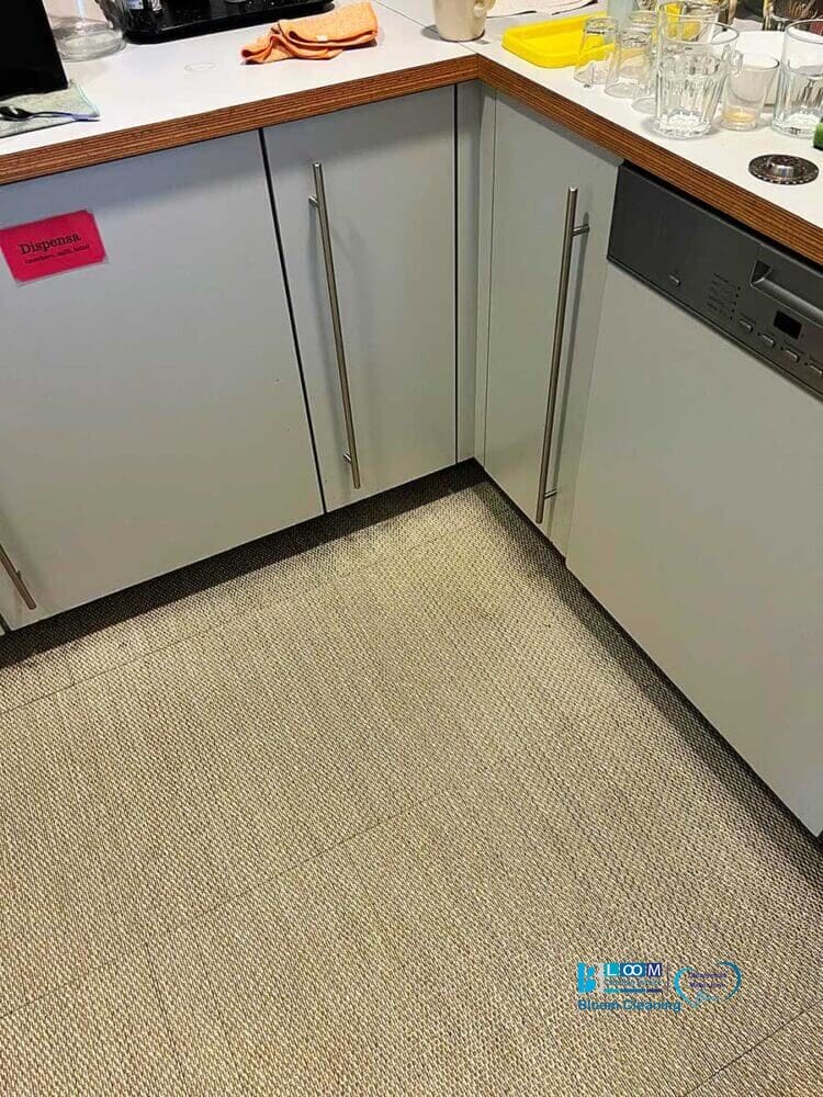 Un grazioso angolo cottura è caratterizzato da mobili bianchi, un elegante piano di lavoro e una lavastoviglie. Sul piano di lavoro sono presenti diversi bicchieri e un contenitore giallo, mentre un tappeto testurizzato sul pavimento completa l'ambiente, sottolineandone l'eleganza, come se fosse ispirato a un raffinato design di Lodi.