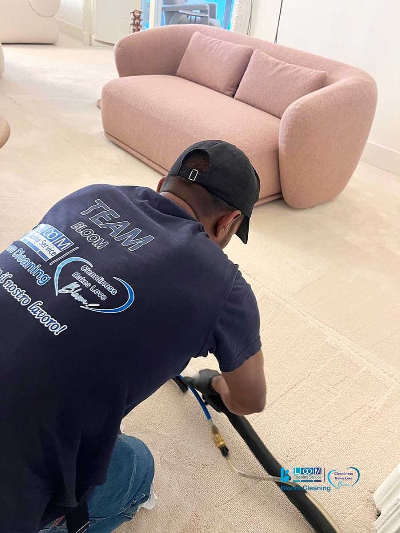 Una persona con una camicia blu scuro sta pulendo un tappeto con un tubo in una stanza luminosa con un divano rosa, che mostra la pulizia della moquette zona Amendola.