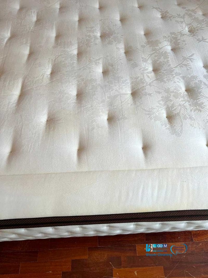 Primo piano di un materasso color crema con motivo floreale e quadrati trapuntati su un pavimento in legno, ideale per presentare i servizi di lavaggio materassi domicilio Como.