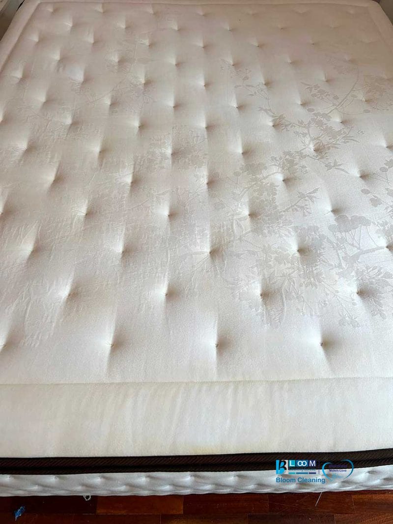 Primo piano di un materasso bianco trapuntato con un delicato motivo floreale sulla superficie, perfetto per mettere in mostra i servizi di lavaggio materassi domicilio Como.