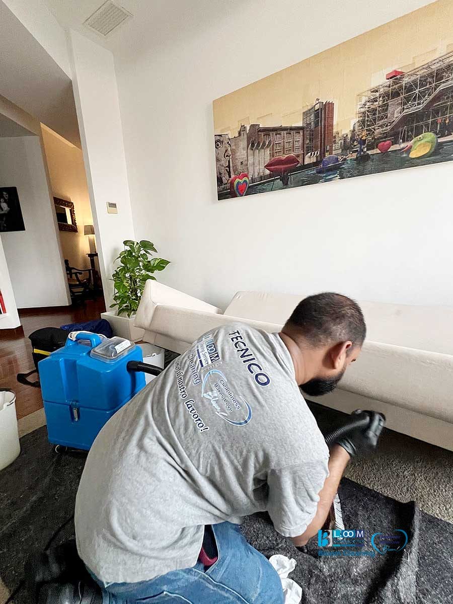 Un uomo pulisce un tappeto in un soggiorno attrezzato, vicino a un divano bianco e a un quadro sulla parete, offrendo servizi di lavaggio divani domicilio Monza.