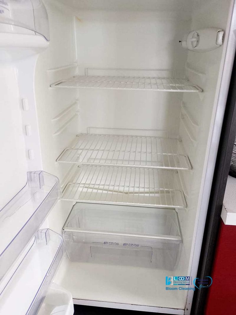 Un frigorifero aperto e vuoto, con ripiani e un cassetto trasparente in basso, pronto per essere rifornito dopo la pulizia appartamenti Bollate.