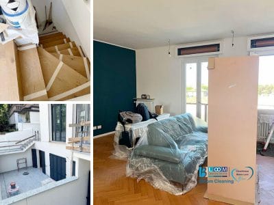 Collage di una ristrutturazione di una casa in Lombardia: scale in costruzione, un patio non finito e un soggiorno con mobili coperti in attesa di pulizie finali cantiere.