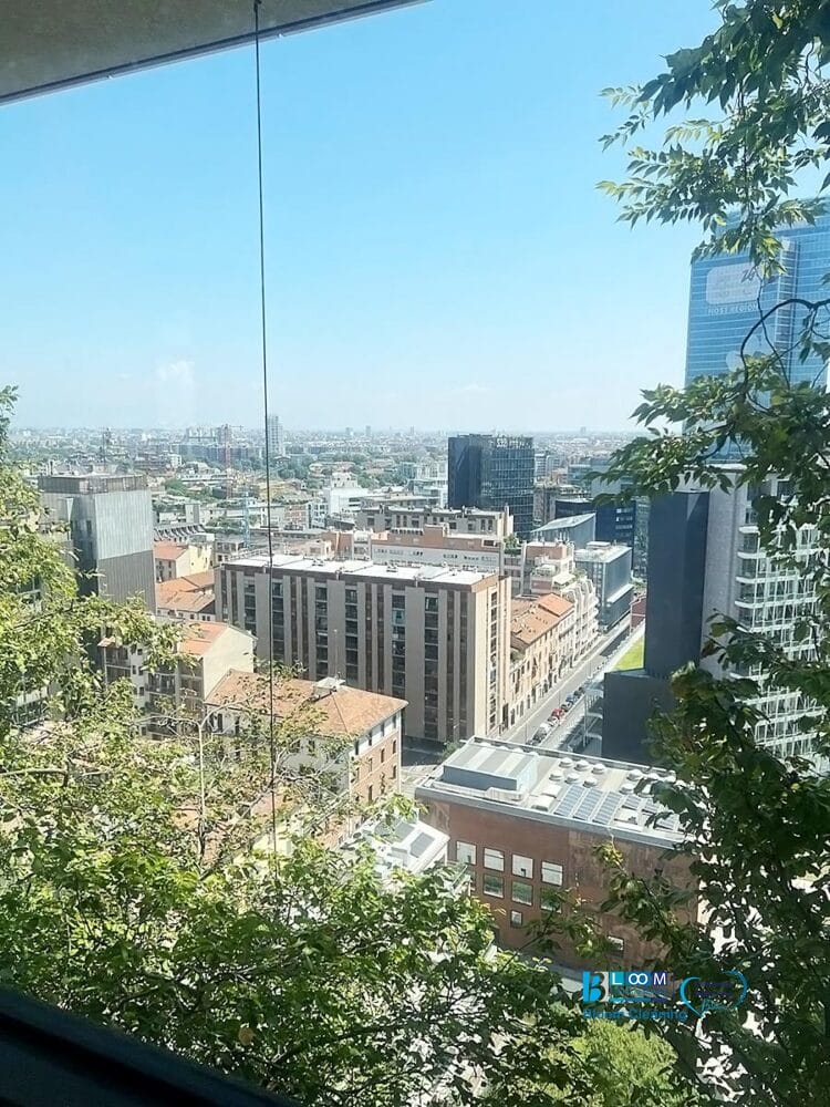 Vista di un paesaggio urbano da un punto di osservazione elevato, con edifici moderni e più vecchi visibili. I rami verdi degli alberi incorniciano il primo piano e il cielo è limpido e azzurro, perfetto per un servizio sgombero e pulizia casa Milano dopo una giornata intensa.