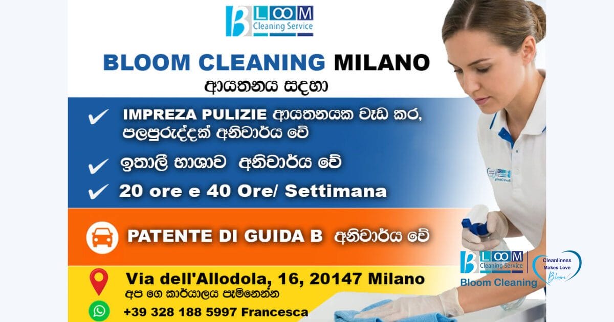 Un annuncio di lavoro Bloom Cleaning Milano impresa di pulizie in cingalese offre lavoro di pulizia part-time con orari flessibili. Include i dettagli della ricerca personale, l'ubicazione, il numero di telefono e mostra una donna che pulisce una superficie con un guanto e un panno blu.