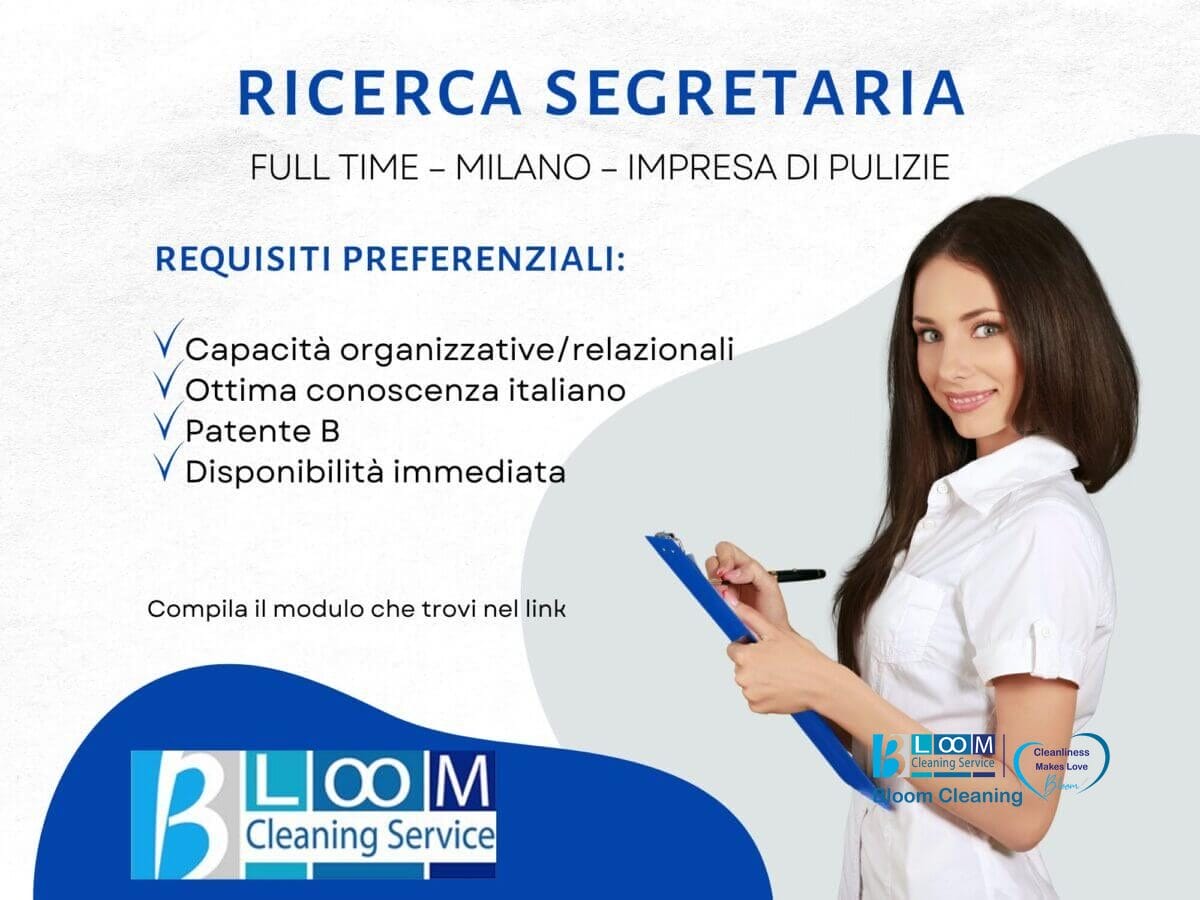 Giovane donna con lunghi capelli castani, in camicia bianca, sorride tenendo in mano una cartellina blu e una penna. Testo italiano che illustra la selezione del personale per una segretaria a tempo pieno a Milano presso un'impresa di pulizie, delineando i requisiti del lavoro.