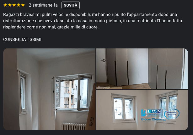 Una recensione a cinque stelle in italiano elogia i servizi di pulizia. Il collage mostra un appartamento luminoso, appena pulito, con armadi bianchi e grandi finestre, che mostrano stanze pulite e organizzate. La Bozza automatica vista sullo schermo evidenzia la soddisfazione del cliente.