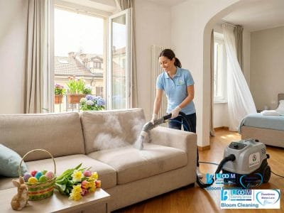 Una donna utilizza una macchina per la pulizia a vapore per sanificare i divani in un soggiorno luminoso e ordinato. Fiori freschi e un cestino pasquale decorano il tavolino mentre la luce del sole entra. Il logo Bloom Cleaning Service è visibile, a sottolineare l'esperto di sanificazione casa.